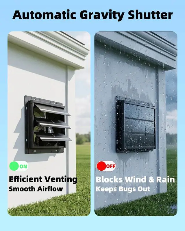 Alt view image 6 of 7 - 8'' Upgraded Shutter Exhaust Fan with Thermostat & Remote, 2PCS 760 CFM, Wall Mounted Attic Exhaust Fan, Auto On/Off by Temperature for Garage, Greenhouses, Chicken Coops & Basement