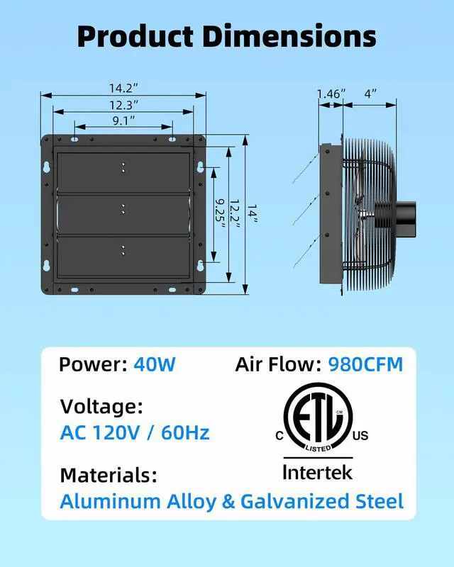 Alt view image 7 of 7 - 8'' Upgraded Shutter Exhaust Fan with Thermostat & Remote, 2PCS 760 CFM, Wall Mounted Attic Exhaust Fan, Auto On/Off by Temperature for Garage, Greenhouses, Chicken Coops & Basement