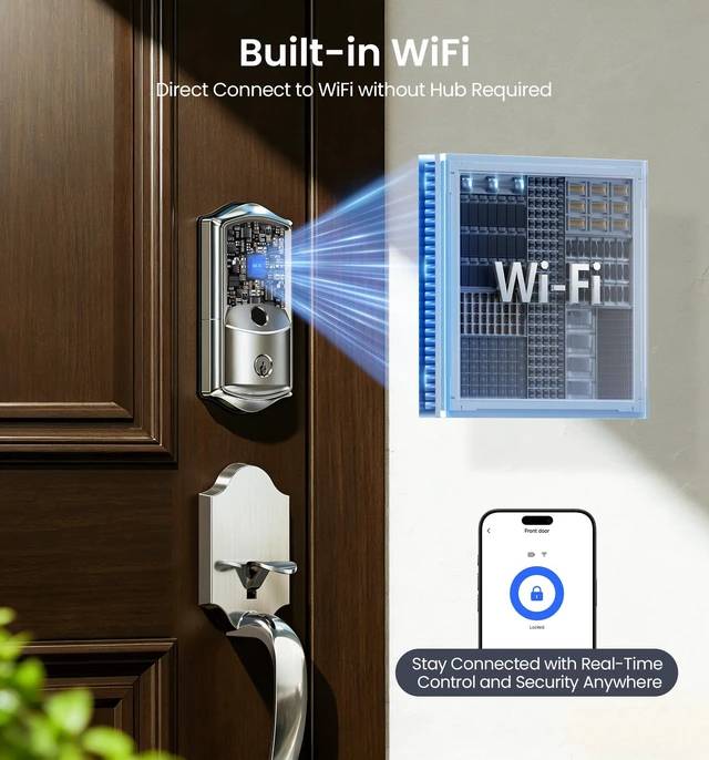 Alt view image 2 of 7 - VE027 WiFi Smart Lock Fingerprint Keyless Entry Deadbolt Satin Nickel Built-in Wi-Fi, App Remote Control, Touchscreen Keypad, Fob, Code, Alexa Google Compatible, Front Door Auto Lock, Waterproof