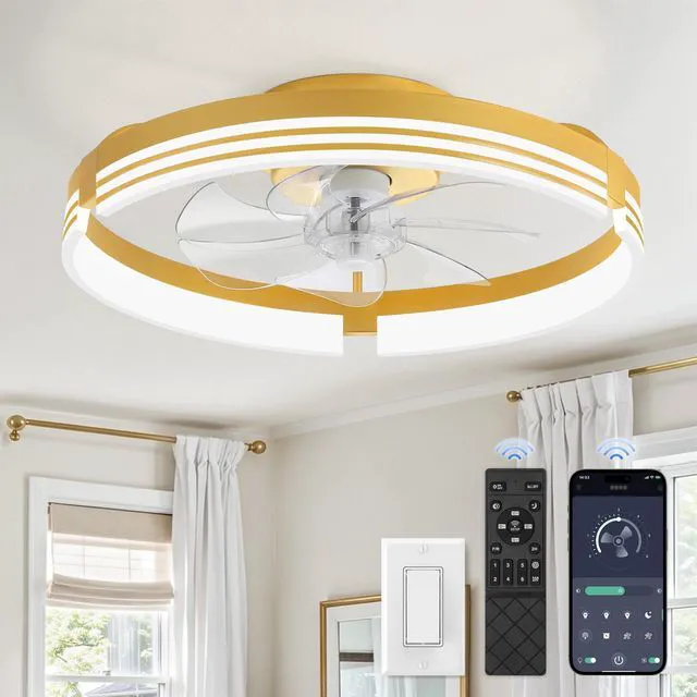 Main image of Low Profile Ceiling Fans with Lights and Remote, 20" Gold 3000K-6000K Dimmable Fandelier LED, Flush Mount, 6 Wind Speeds, Reversible, Timer, Bedroom, Living Room, Kitchen, Kids Room
