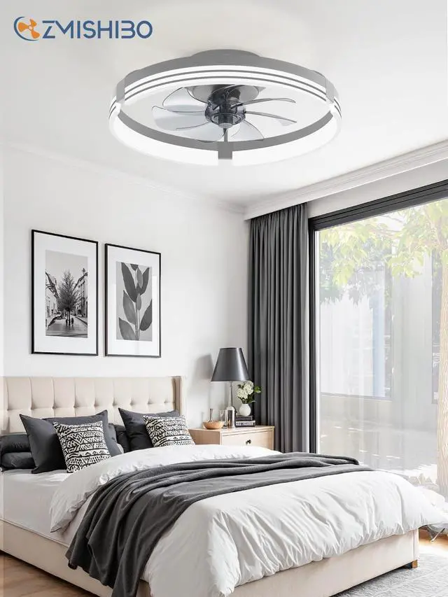 Alt view image 7 of 7 - Low Profile Ceiling Fans with Lights and Remote, 20" Grey 3000K-6000K Dimmable Fandelier LED, Flush Mount, 6 Wind Speeds, Reversible, Timer, Bedroom, Living Room, Kitchen, Kids Room
