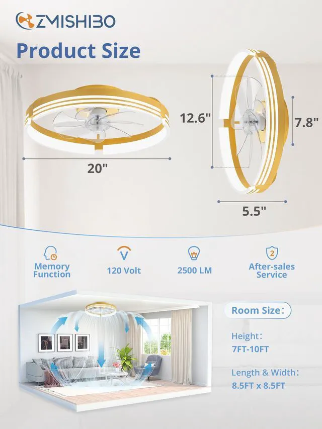 Alt view image 6 of 7 - Low Profile Ceiling Fans with Lights and Remote, 20" Gold 3000K-6000K Dimmable Fandelier LED, Flush Mount, 6 Wind Speeds, Reversible, Timer, Bedroom, Living Room, Kitchen, Kids Room