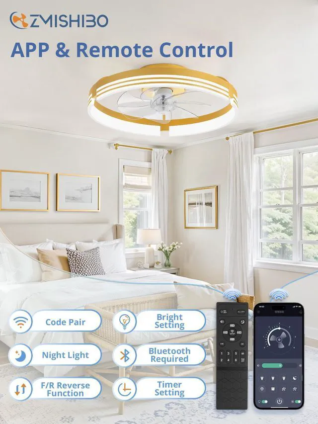 Alt view image 5 of 7 - Low Profile Ceiling Fans with Lights and Remote, 20" Gold 3000K-6000K Dimmable Fandelier LED, Flush Mount, 6 Wind Speeds, Reversible, Timer, Bedroom, Living Room, Kitchen, Kids Room