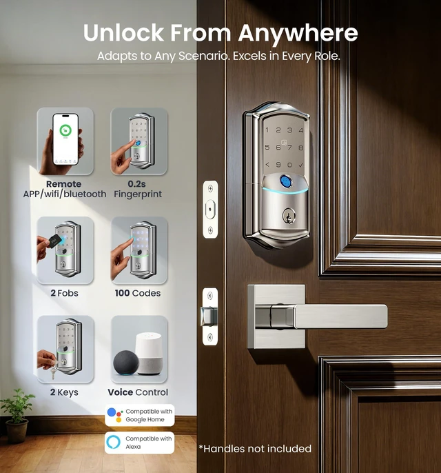 Alt view image 3 of 7 - VE027 WiFi Smart Lock Fingerprint Keyless Entry Deadbolt Satin Nickel Built-in Wi-Fi, App Remote Control, Touchscreen Keypad, Fob, Code, Alexa Google Compatible, Front Door Auto Lock, Waterproof