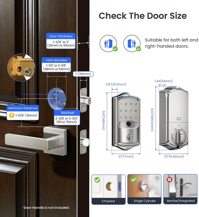 Alt view image 6 of 7 - VE027 WiFi Smart Lock Fingerprint Keyless Entry Deadbolt Satin Nickel Built-in Wi-Fi, App Remote Control, Touchscreen Keypad, Fob, Code, Alexa Google Compatible, Front Door Auto Lock, Waterproof