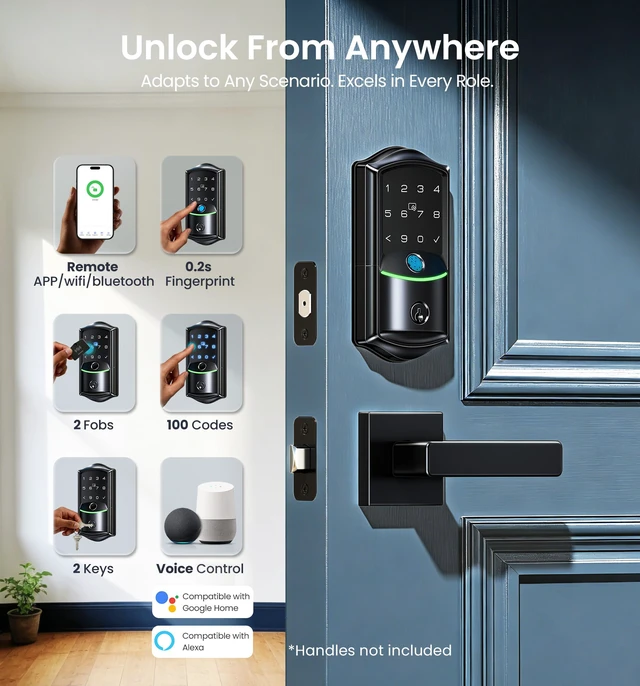 Alt view image 3 of 7 - VE027 WiFi Smart Lock Fingerprint Keyless Entry Deadbolt Matte Black Built-in Wi-Fi, App Remote Control, Touchscreen Keypad, Fob, Code, Alexa Google Compatible, Front Door Auto Lock, Waterproof