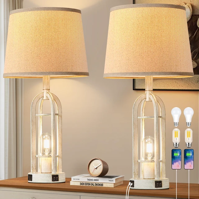 Main image of Farmhouse Table Lamps for Living Room Set of 2 - Rustic Industrial Bedside Lamps for Bedroom Nightstand with Nightlight and USB A+C, 4 Bulbs Included