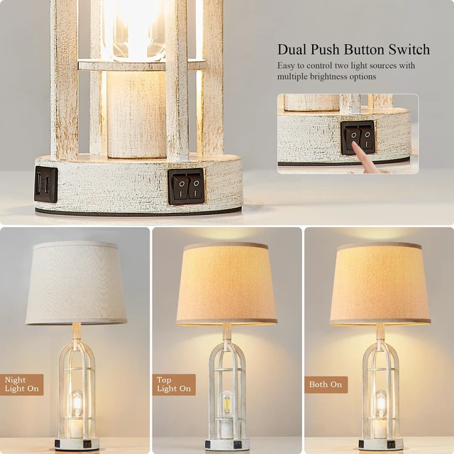 Alt view image 2 of 6 - Farmhouse Table Lamps for Living Room Set of 2 - Rustic Industrial Bedside Lamps for Bedroom Nightstand with Nightlight and USB A+C, 4 Bulbs Included