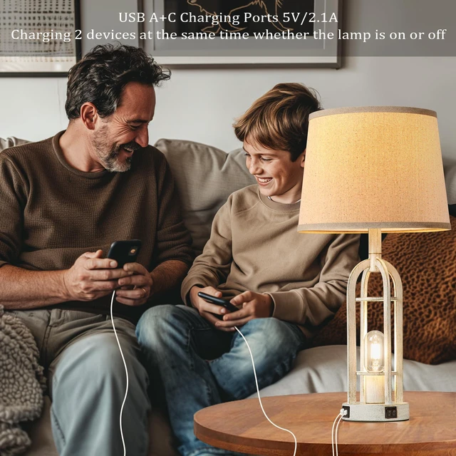 Alt view image 3 of 6 - Farmhouse Table Lamps for Living Room Set of 2 - Rustic Industrial Bedside Lamps for Bedroom Nightstand with Nightlight and USB A+C, 4 Bulbs Included