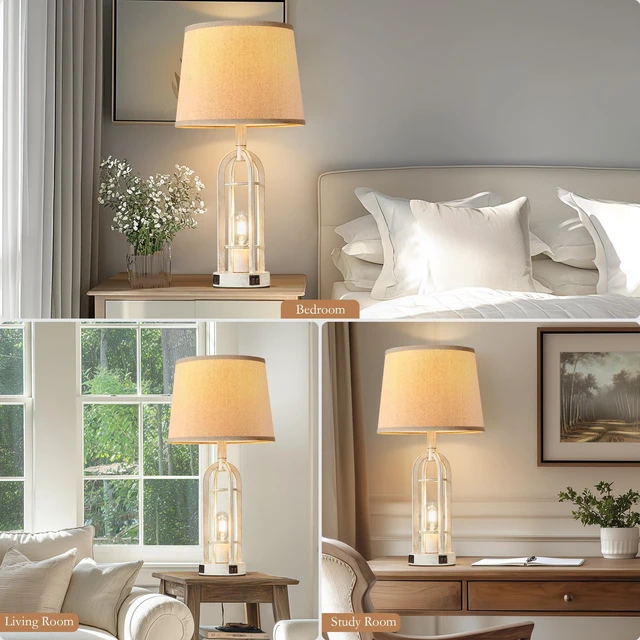 Alt view image 4 of 6 - Farmhouse Table Lamps for Living Room Set of 2 - Rustic Industrial Bedside Lamps for Bedroom Nightstand with Nightlight and USB A+C, 4 Bulbs Included