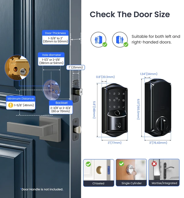 Alt view image 6 of 7 - VE027 WiFi Smart Lock Fingerprint Keyless Entry Deadbolt Matte Black Built-in Wi-Fi, App Remote Control, Touchscreen Keypad, Fob, Code, Alexa Google Compatible, Front Door Auto Lock, Waterproof
