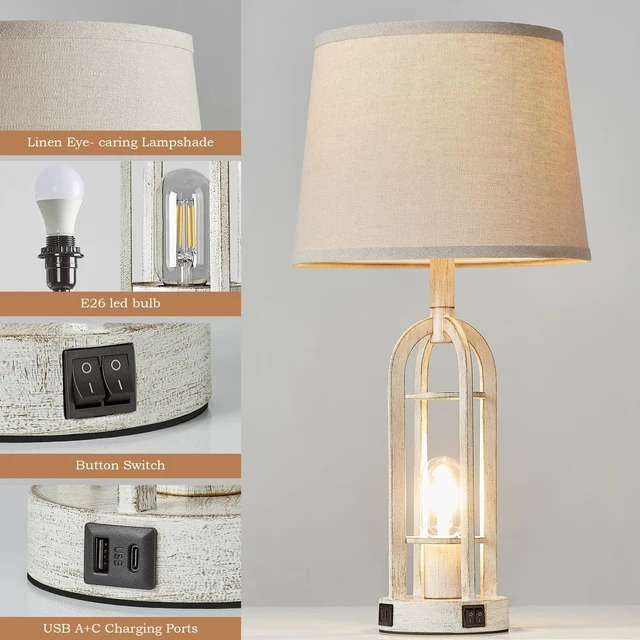 Alt view image 5 of 6 - Farmhouse Table Lamps for Living Room Set of 2 - Rustic Industrial Bedside Lamps for Bedroom Nightstand with Nightlight and USB A+C, 4 Bulbs Included