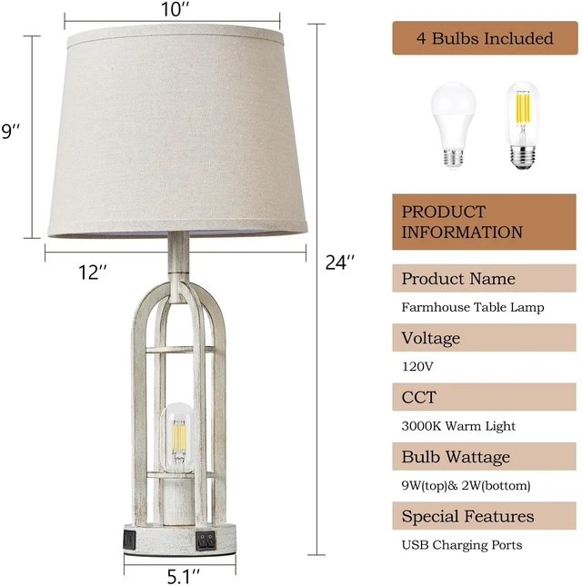 Alt view image 6 of 6 - Farmhouse Table Lamps for Living Room Set of 2 - Rustic Industrial Bedside Lamps for Bedroom Nightstand with Nightlight and USB A+C, 4 Bulbs Included