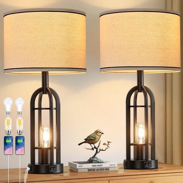 Main image of Black Table Lamps for Living Room Set of 2 - Farmhouse Industrial Lamps for Night Stands with Night Light & USB A+C, 24" Rustic Bedside Lamp for Bedroom, Bulbs Included