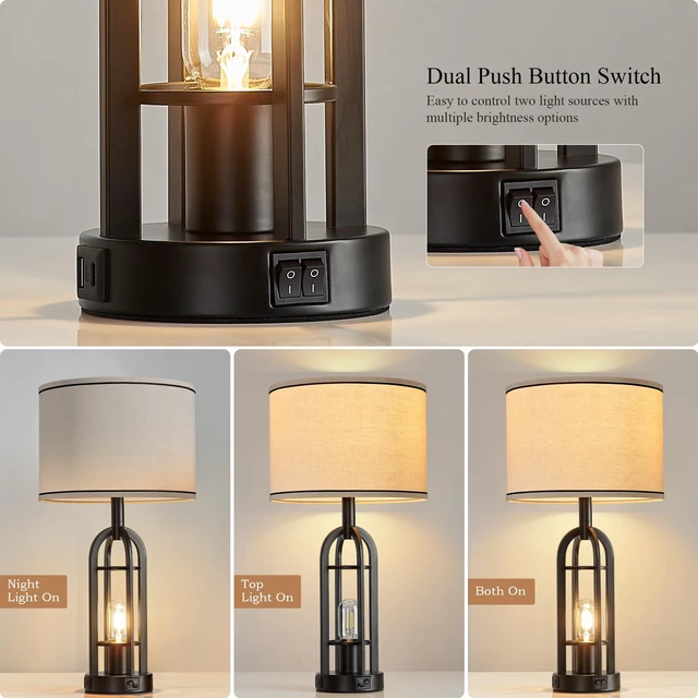 Alt view image 2 of 6 - Black Table Lamps for Living Room Set of 2 - Farmhouse Industrial Lamps for Night Stands with Night Light & USB A+C, 24" Rustic Bedside Lamp for Bedroom, Bulbs Included