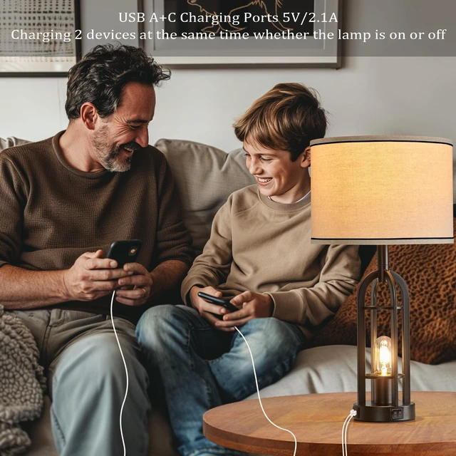 Alt view image 3 of 6 - Black Table Lamps for Living Room Set of 2 - Farmhouse Industrial Lamps for Night Stands with Night Light & USB A+C, 24" Rustic Bedside Lamp for Bedroom, Bulbs Included