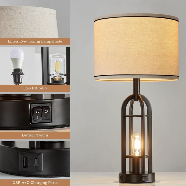 Alt view image 5 of 6 - Black Table Lamps for Living Room Set of 2 - Farmhouse Industrial Lamps for Night Stands with Night Light & USB A+C, 24" Rustic Bedside Lamp for Bedroom, Bulbs Included