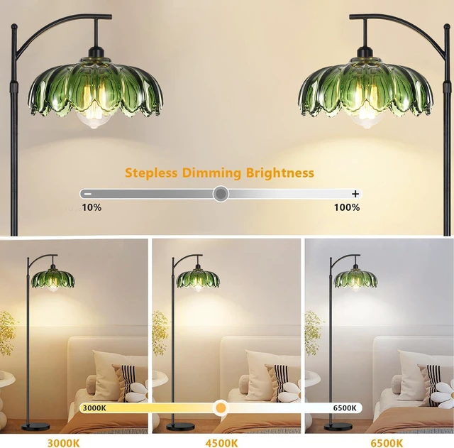 Alt view image 2 of 7 - Glass Floor Lamp for Living Room,Bedroom,Gold Dimmable Standing Lamp with Remote,Mid Century Modern Brass Tall Lamp Boho Vintage Retro Floor Lamps Arc Green Flower Floor Light Lamp Bohemian