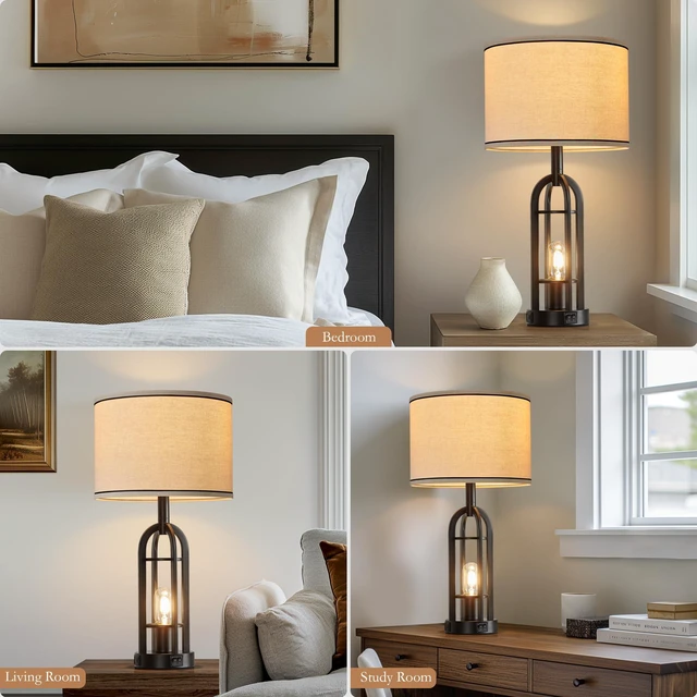 Alt view image 4 of 6 - Black Table Lamps for Living Room Set of 2 - Farmhouse Industrial Lamps for Night Stands with Night Light & USB A+C, 24" Rustic Bedside Lamp for Bedroom, Bulbs Included