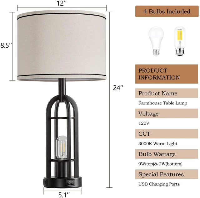 Alt view image 6 of 6 - Black Table Lamps for Living Room Set of 2 - Farmhouse Industrial Lamps for Night Stands with Night Light & USB A+C, 24" Rustic Bedside Lamp for Bedroom, Bulbs Included