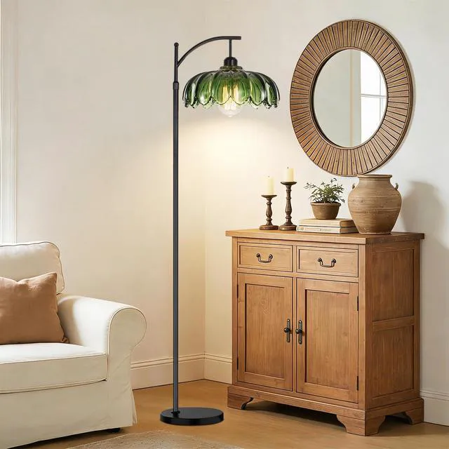 Alt view image 3 of 7 - Glass Floor Lamp for Living Room,Bedroom,Gold Dimmable Standing Lamp with Remote,Mid Century Modern Brass Tall Lamp Boho Vintage Retro Floor Lamps Arc Green Flower Floor Light Lamp Bohemian