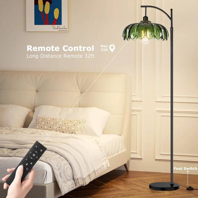 Alt view image 4 of 7 - Glass Floor Lamp for Living Room,Bedroom,Gold Dimmable Standing Lamp with Remote,Mid Century Modern Brass Tall Lamp Boho Vintage Retro Floor Lamps Arc Green Flower Floor Light Lamp Bohemian
