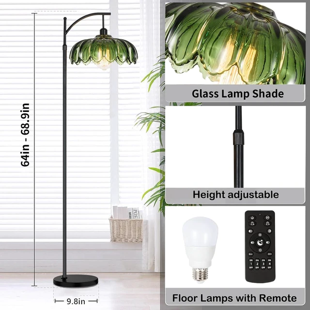 Alt view image 5 of 7 - Glass Floor Lamp for Living Room,Bedroom,Gold Dimmable Standing Lamp with Remote,Mid Century Modern Brass Tall Lamp Boho Vintage Retro Floor Lamps Arc Green Flower Floor Light Lamp Bohemian