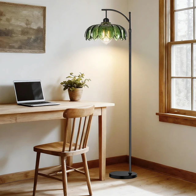 Alt view image 6 of 7 - Glass Floor Lamp for Living Room,Bedroom,Gold Dimmable Standing Lamp with Remote,Mid Century Modern Brass Tall Lamp Boho Vintage Retro Floor Lamps Arc Green Flower Floor Light Lamp Bohemian