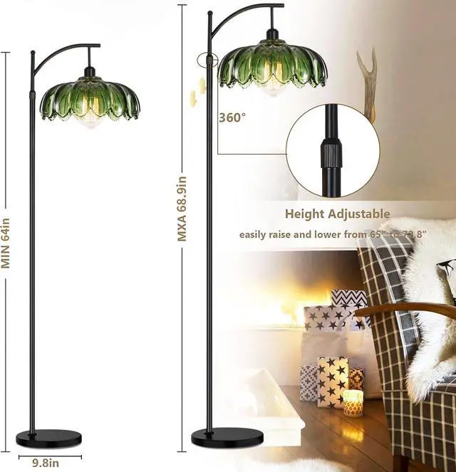 Alt view image 7 of 7 - Glass Floor Lamp for Living Room,Bedroom,Gold Dimmable Standing Lamp with Remote,Mid Century Modern Brass Tall Lamp Boho Vintage Retro Floor Lamps Arc Green Flower Floor Light Lamp Bohemian