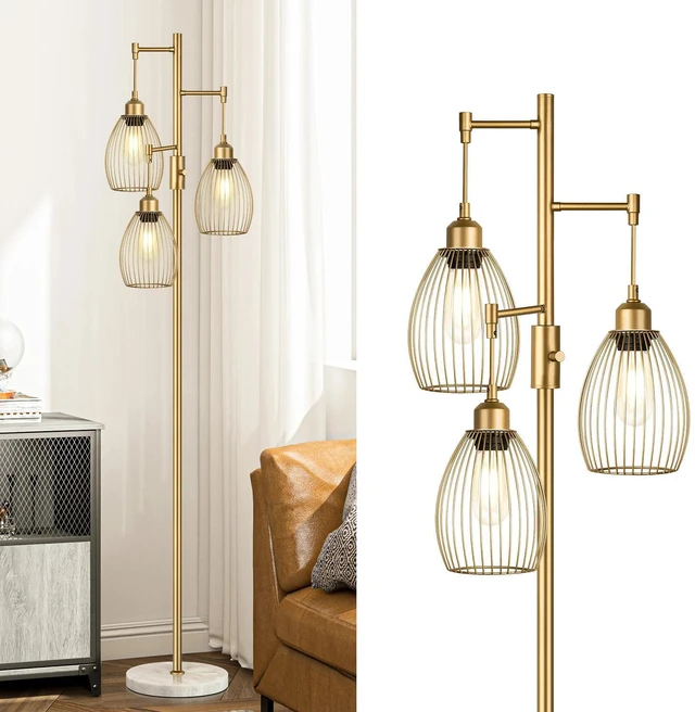 Main image of Dimmable Floor Lamps for Living Room, Industrial Standing Lamp with Marble Base, Gold Tree Tall Pole Light with 3 Elegant Teardrop Cage Head & 800 Lumens LED Bulbs for Bedroom Office