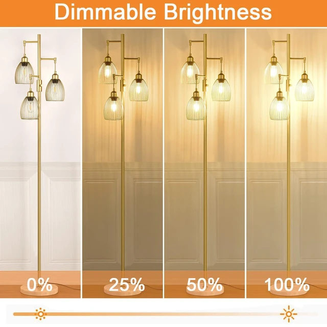 Alt view image 3 of 7 - Dimmable Floor Lamps for Living Room, Industrial Standing Lamp with Marble Base, Gold Tree Tall Pole Light with 3 Elegant Teardrop Cage Head & 800 Lumens LED Bulbs for Bedroom Office