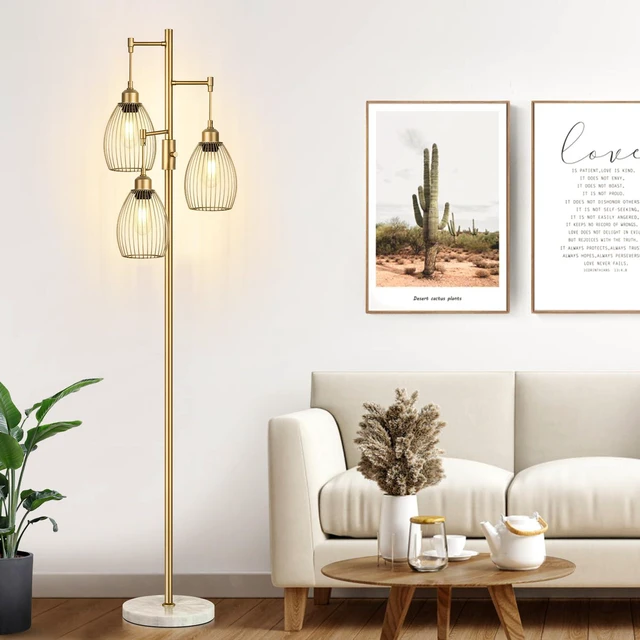 Alt view image 5 of 7 - Dimmable Floor Lamps for Living Room, Industrial Standing Lamp with Marble Base, Gold Tree Tall Pole Light with 3 Elegant Teardrop Cage Head & 800 Lumens LED Bulbs for Bedroom Office