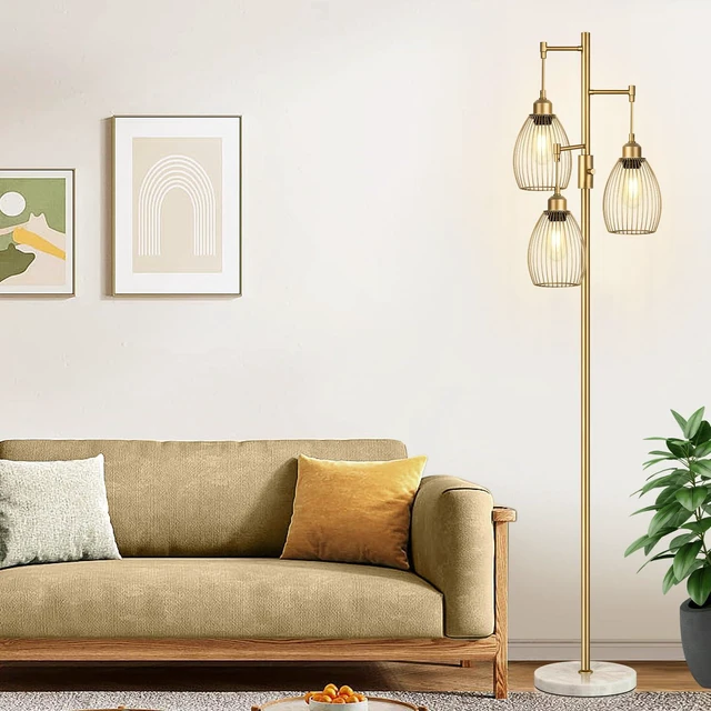 Alt view image 6 of 7 - Dimmable Floor Lamps for Living Room, Industrial Standing Lamp with Marble Base, Gold Tree Tall Pole Light with 3 Elegant Teardrop Cage Head & 800 Lumens LED Bulbs for Bedroom Office