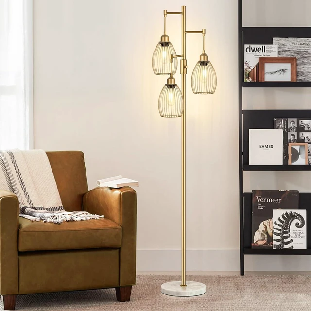 Alt view image 7 of 7 - Dimmable Floor Lamps for Living Room, Industrial Standing Lamp with Marble Base, Gold Tree Tall Pole Light with 3 Elegant Teardrop Cage Head & 800 Lumens LED Bulbs for Bedroom Office