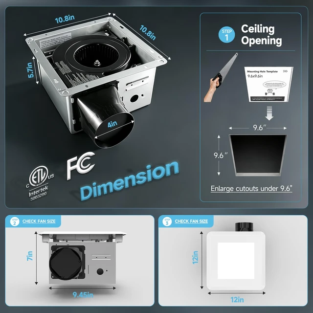 Alt view image 2 of 7 - 100 CFM Ultra Quiet Bathroom Exhaust Fan with Light,0.9 Sones,5CCT Dimmable,Ceiling Opening 9.6'' x 9.6'',1000LM Ceiling Mount Bathroom Fan,Bathroom Vent Fan with Light,ETL & FCC