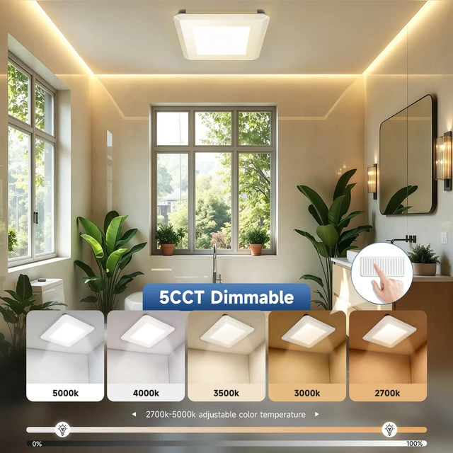 Alt view image 3 of 7 - 100 CFM Ultra Quiet Bathroom Exhaust Fan with Light,0.9 Sones,5CCT Dimmable,Ceiling Opening 9.6'' x 9.6'',1000LM Ceiling Mount Bathroom Fan,Bathroom Vent Fan with Light,ETL & FCC