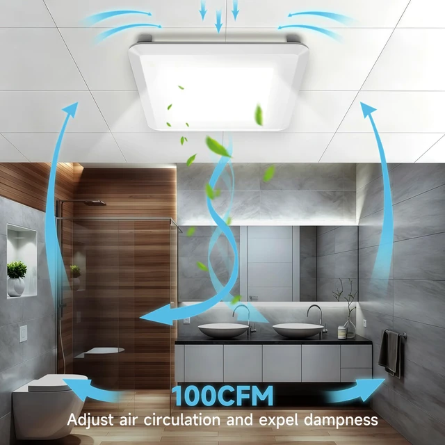 Alt view image 4 of 7 - 100 CFM Ultra Quiet Bathroom Exhaust Fan with Light,0.9 Sones,5CCT Dimmable,Ceiling Opening 9.6'' x 9.6'',1000LM Ceiling Mount Bathroom Fan,Bathroom Vent Fan with Light,ETL & FCC