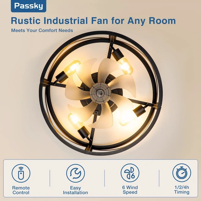 Alt view image 2 of 7 - 20" Caged Ceiling Fans with Lights and Remote, Low Profile Fandelier Reversible DC Motor, 1/2/4H Timer, 6 Speeds, Farmhouse Style, Quiet Operation, for Bedroom, Kitchen, Dining Room, Living Room