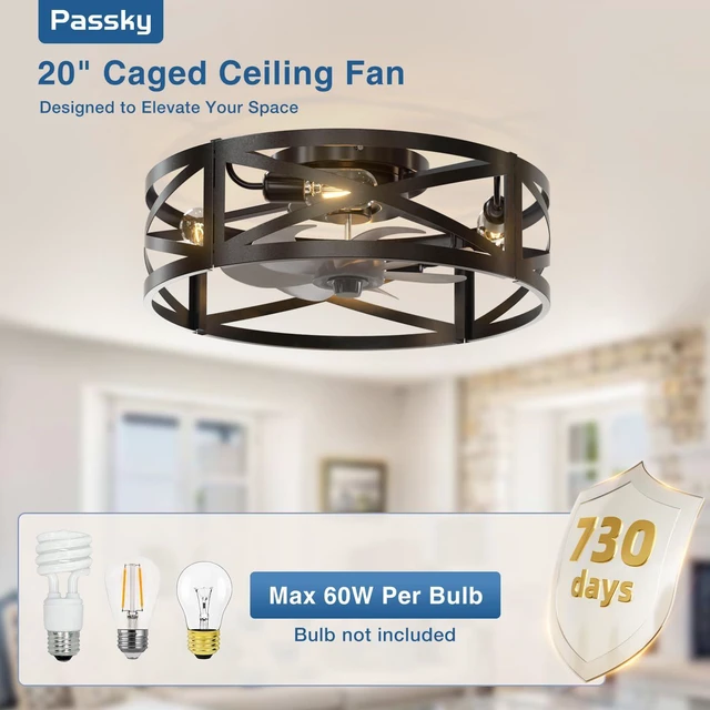 Alt view image 3 of 7 - 20" Caged Ceiling Fans with Lights and Remote, Low Profile Fandelier Reversible DC Motor, 1/2/4H Timer, 6 Speeds, Farmhouse Style, Quiet Operation, for Bedroom, Kitchen, Dining Room, Living Room