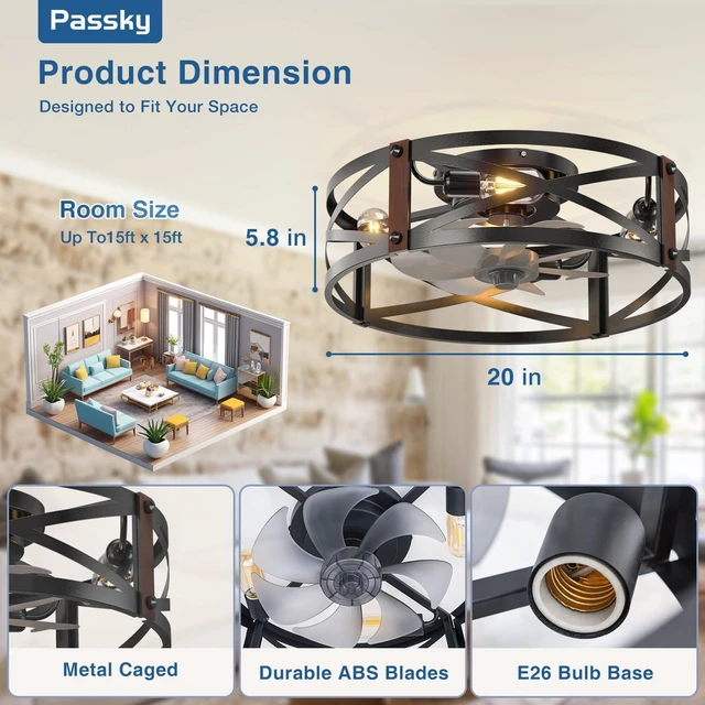 Alt view image 4 of 7 - 20" Caged Ceiling Fans with Lights and Remote, Low Profile Fandelier Reversible DC Motor, 1/2/4H Timer, 6 Speeds, Farmhouse Style, Quiet Operation, for Bedroom, Kitchen, Dining Room, Living Room