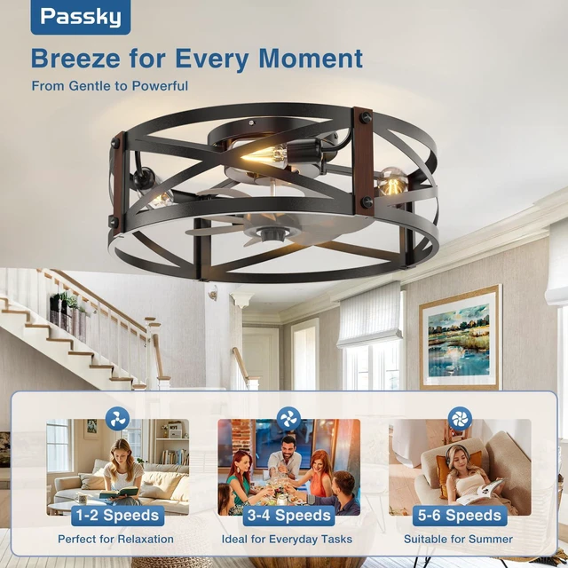 Alt view image 5 of 7 - 20" Caged Ceiling Fans with Lights and Remote, Low Profile Fandelier Reversible DC Motor, 1/2/4H Timer, 6 Speeds, Farmhouse Style, Quiet Operation, for Bedroom, Kitchen, Dining Room, Living Room