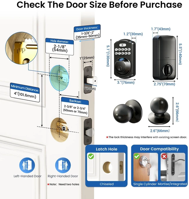 Alt view image 6 of 7 - KS02C Fingerprint Deadbolt Door Lock with Knob Set, Matte Black Auto Lock, Electronic Backlit Keypad, BHMA/ANSI Grade 3, Anti-Peep Code, Low Battery Alert, Keyless Entry for Front Door