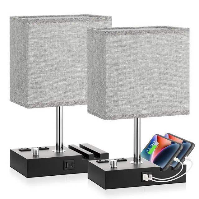 Main image of Grey Bedside Table Lamps Set of 2 - Dimmable, USB C+A, 2 AC Outlets Dimming By Rotary Knob, USB C+A Ports, 2 Phone Stands, LED Bulbs Included, Rectangle Grey Lampshade, for Living Room, Desk