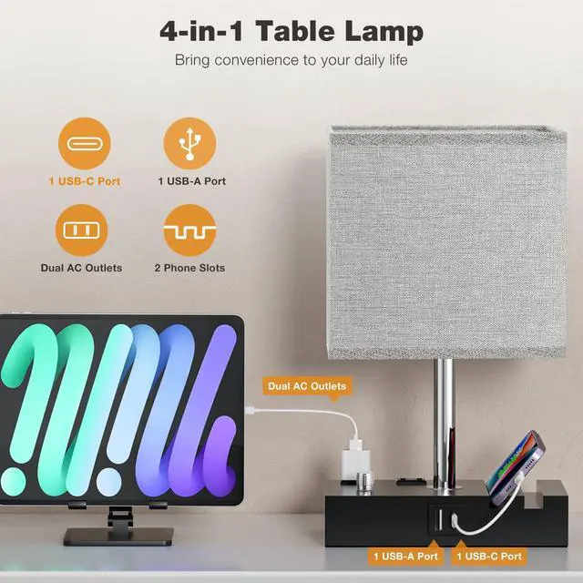 Alt view image 2 of 6 - Grey Bedside Table Lamps Set of 2 - Dimmable, USB C+A, 2 AC Outlets Dimming By Rotary Knob, USB C+A Ports, 2 Phone Stands, LED Bulbs Included, Rectangle Grey Lampshade, for Living Room, Desk