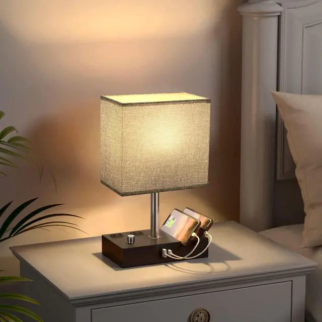 Alt view image 4 of 6 - Grey Bedside Table Lamps Set of 2 - Dimmable, USB C+A, 2 AC Outlets Dimming By Rotary Knob, USB C+A Ports, 2 Phone Stands, LED Bulbs Included, Rectangle Grey Lampshade, for Living Room, Desk