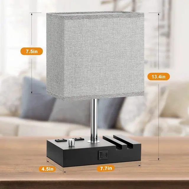 Alt view image 6 of 6 - Grey Bedside Table Lamps Set of 2 - Dimmable, USB C+A, 2 AC Outlets Dimming By Rotary Knob, USB C+A Ports, 2 Phone Stands, LED Bulbs Included, Rectangle Grey Lampshade, for Living Room, Desk