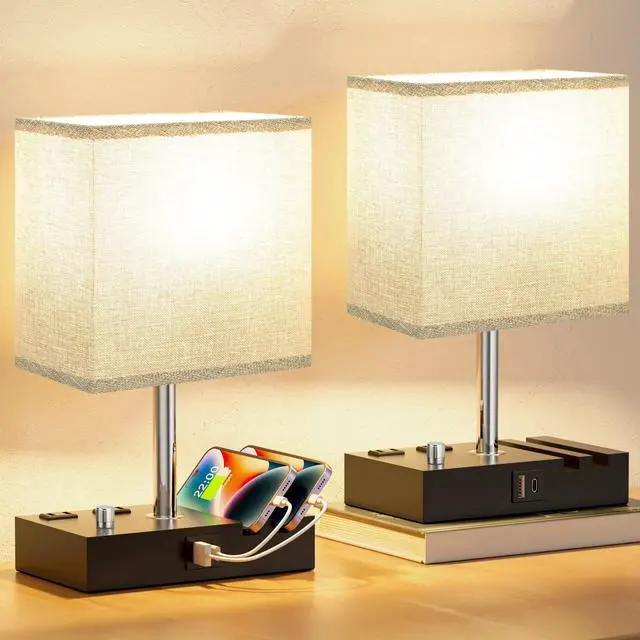 Alt view image 5 of 6 - Grey Bedside Table Lamps Set of 2 - Dimmable, USB C+A, 2 AC Outlets Dimming By Rotary Knob, USB C+A Ports, 2 Phone Stands, LED Bulbs Included, Rectangle Grey Lampshade, for Living Room, Desk