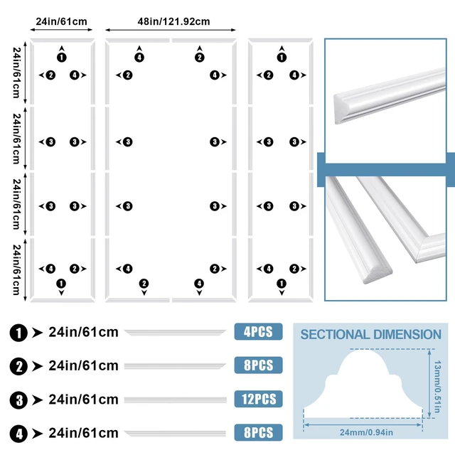 Alt view image 4 of 5 - 3set Peel and Stick Wall Molding Kit 3D Premade, 24x96in+48x96in Accent Wall Moulding Kit, Wainscoting Panel, for Interior Decor, Ready to Assemble, Peel and Stick, Wainscoting Accent Panel