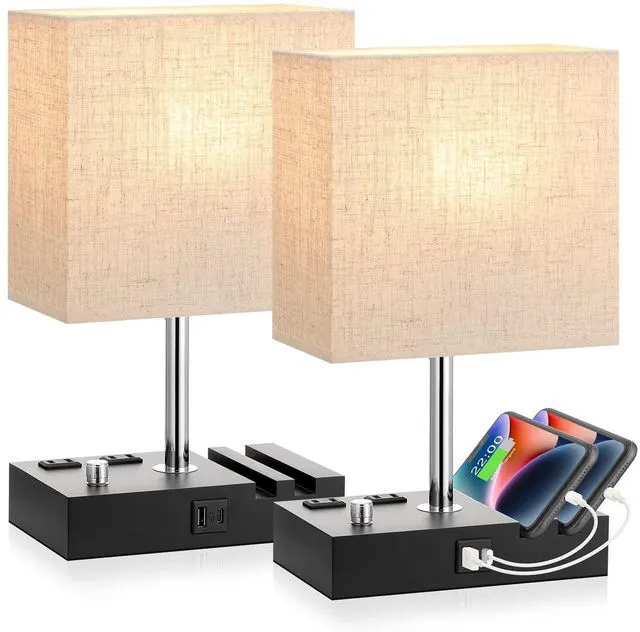 Main image of Beige Bedside Table Lamps Set of 2 - Dimmable, USB C+A, 2 AC Outlets Dimming By Rotary Knob, USB C+A Ports, 2 Phone Stands, LED Bulbs Included, Rectangle Beige Lampshade, for Living Room, Desk