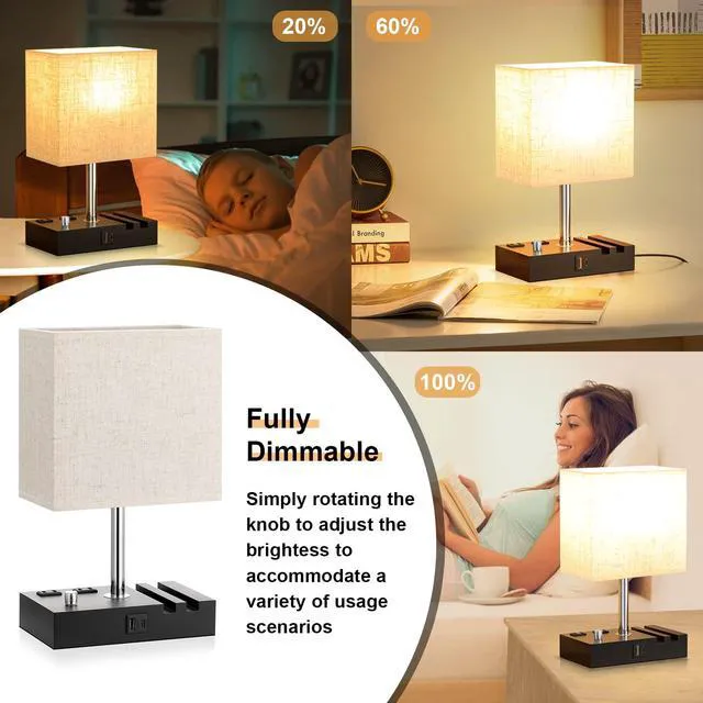 Alt view image 2 of 7 - Beige Bedside Table Lamps Set of 2 - Dimmable, USB C+A, 2 AC Outlets Dimming By Rotary Knob, USB C+A Ports, 2 Phone Stands, LED Bulbs Included, Rectangle Beige Lampshade, for Living Room, Desk